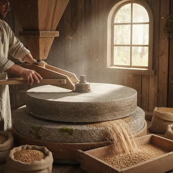 Stone mill grinding grains at low heat