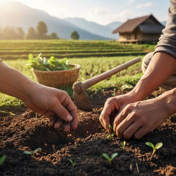 Hands sowing and hand-weeding a small plot