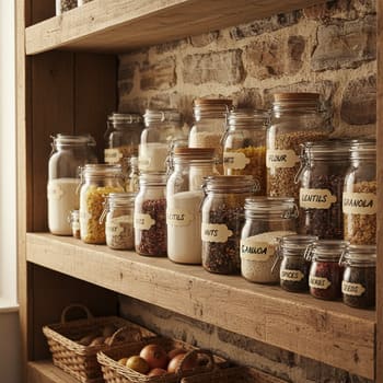 Pantry shelf with glass jars and labels